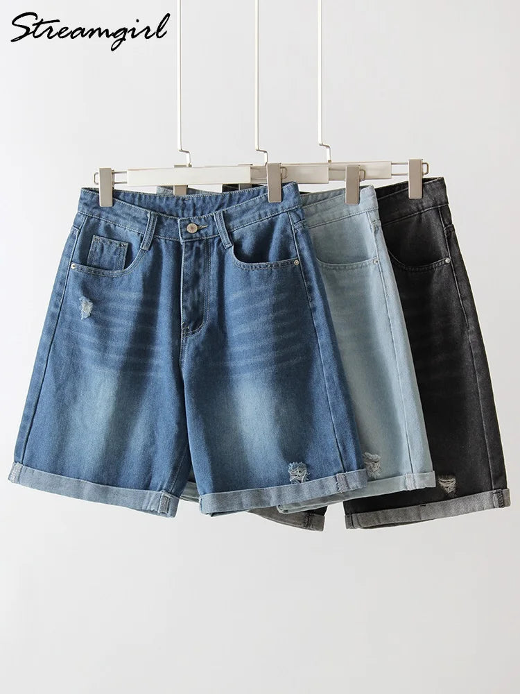 Women Denim Shorts Ripped Wide Leg Black High Waist Short Jeans Straight Leg Blue Denim Shorts For Women Summer Jean Shorts